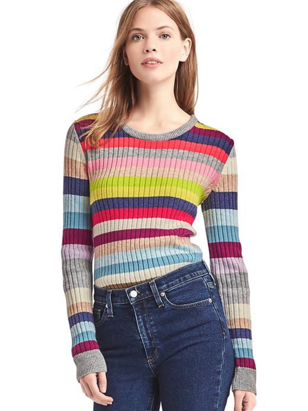 Gap 2016 Holiday Crazy Stripe Ribbed Crew Merino Wool Blend Sweater | Size Small